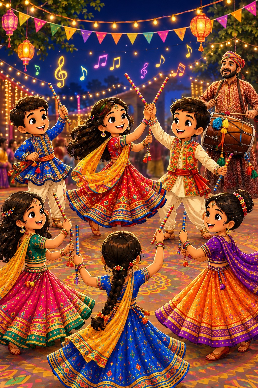 Children dancing Garba with colorful dandiya sticks