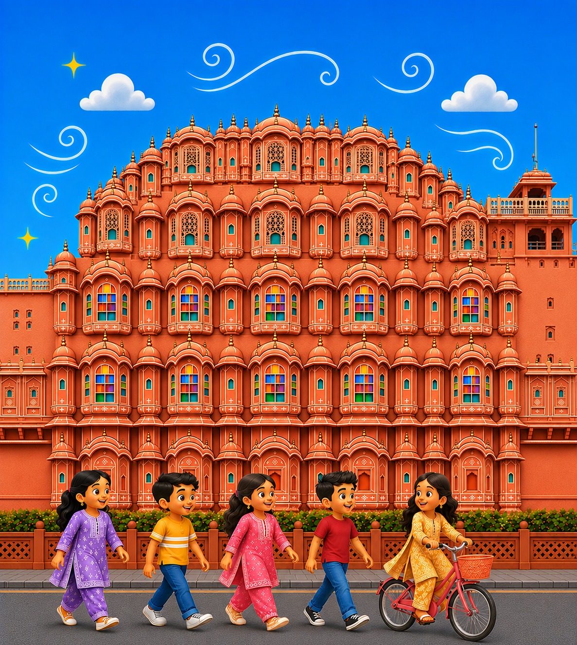 Children walking and cycling in front of Hawa Mahal in Jaipur