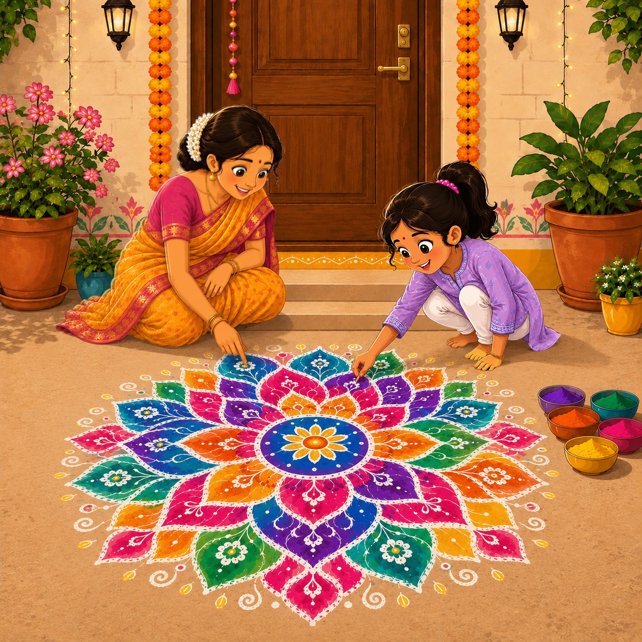 A mother and child creating a colorful rangoli together